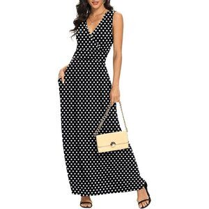 Women Black Polka DotDeep V Neck Sleeveless Loose Plain Long Maxi Stretchy Dress